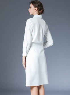 White Lapel Print Knee-length Skirt Suits
