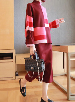 Turtleneck Color-blocked Knitted Skirt Suits
