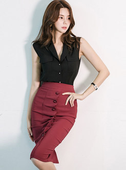 Work Notched Collar High Waisted Skirt Suit