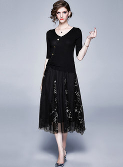 Black V-neck Knit Top & Mesh A Line Skirt