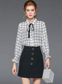 Lapel Plaid Blouse & High Waisted Mini Skirt