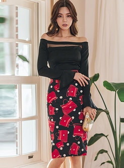 Off-the-shoulder Flare Sleeve Top & Print Bodycon Skirt
