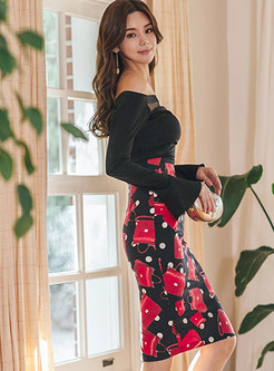 Off-the-shoulder Flare Sleeve Top & Print Bodycon Skirt