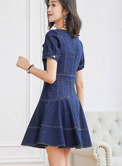 Short Sleeve High Waisted Denim Mini Dress