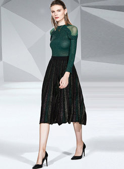 Mesh Patchwork Sweater Pleated Skirt Suits