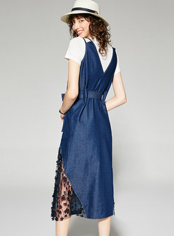Casual Pullover T-shirt & Denim Patchwork Lace Dress