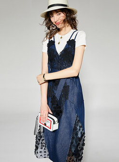 Casual Pullover T-shirt & Denim Patchwork Lace Dress