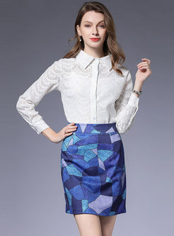 Pure Color Lace Bilouse & Print Mini Skirt