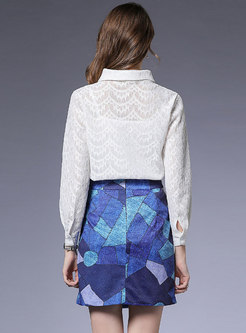 Pure Color Lace Bilouse & Print Mini Skirt