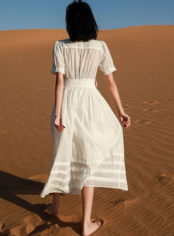 White V-neck Short Sleeve Long Beach Dress
