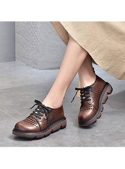 Rounded Toe Openwork Lace-up Platform Shoes