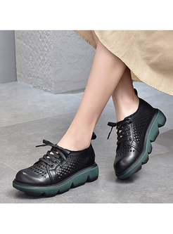 Rounded Toe Openwork Lace-up Platform Shoes