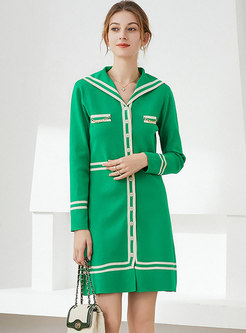 Color-blocked Long Sleeve Knitted Sheath Dress