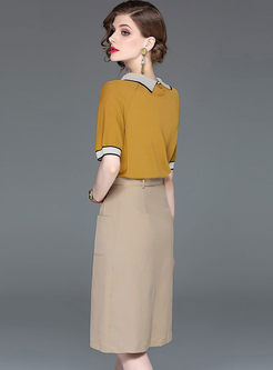 Casual Color-blocked Pullover T-shirt & A Line Midi Skirt