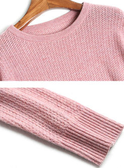 O-neck Loose Pullover Sweater & PU Mini Skirt
