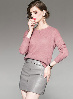 O-neck Loose Pullover Sweater & PU Mini Skirt
