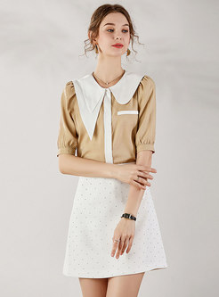 Lapel Short Sleeve Patchwork Mini Skirt Suits