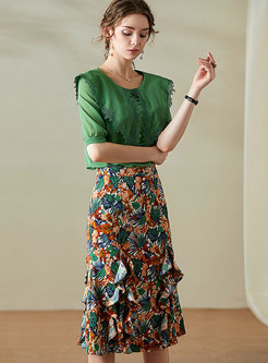 Print Embroidered Peplum Skirt Suits