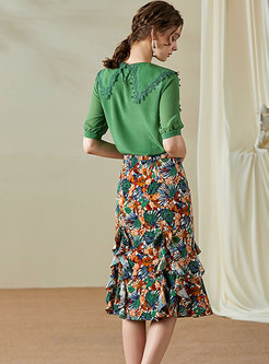 Print Embroidered Peplum Skirt Suits