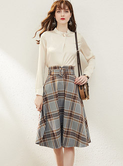 Long Sleeve Pullover Plaid A Line Skirt Suits