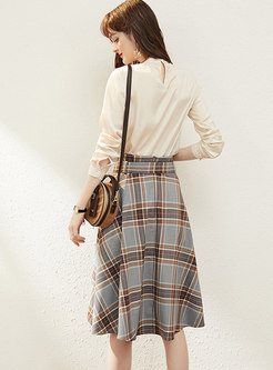 Long Sleeve Pullover Plaid A Line Skirt Suits