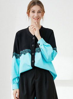 V-neck Knitted Lace Patchwork Loose Blouse