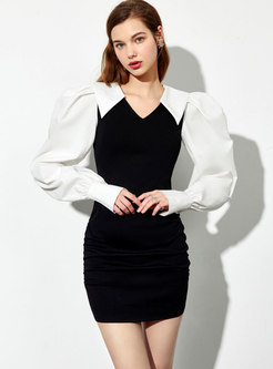 Color-blocked Puff Sleeve Patchwork Mini Dress