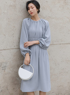 Solid Ruched High Waisted A Line Midi Dress