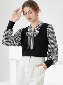 Houndstooth Bowknot Knitted Patchwork Blouse