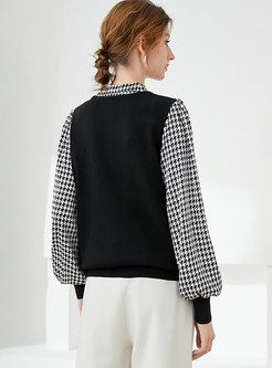 Houndstooth Bowknot Knitted Patchwork Blouse