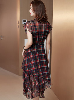Ruffle Sleeve Plaid Asymmetric A Line Dress