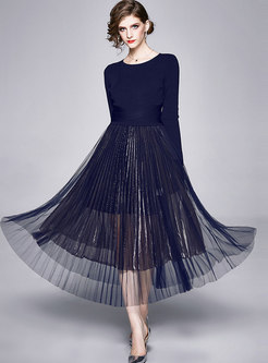 Black Pullover Knit Top & Mesh Pleated Skirt