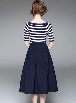 Casual Striped Knit Top & A Line Big Hem Skirt