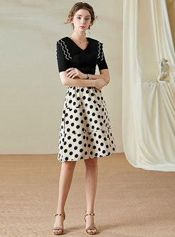 Short Sleeve Pullover Top & Polka Dot A Line Skirt