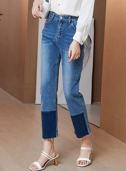 High Waisted Washed Fringed Straight Pants