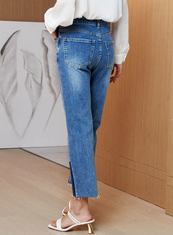High Waisted Washed Fringed Straight Pants
