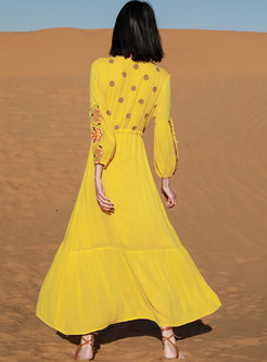 Bohemian Deep V-neck Embroidered Beach Maxi Dress