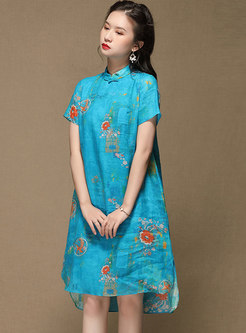 Mandarin Collar Print Asymmetric Shift Dress