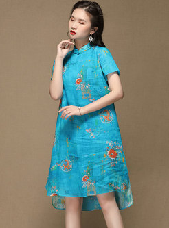 Mandarin Collar Print Asymmetric Shift Dress