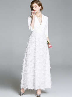 3/4 Sleeve Fringed Patchwork Party Maxi Dress