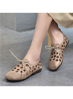Rounded Toe Openwork Lace-up Non-slip Flats