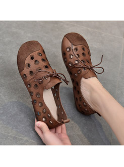 Rounded Toe Openwork Lace-up Non-slip Flats