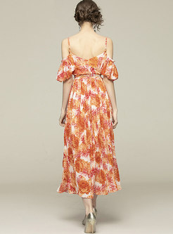Off-the-shoulder Print Chiffon Beach Sun Dress