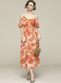 Off-the-shoulder Print Chiffon Beach Sun Dress