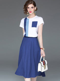 Casual Color-blocked Pullover A Line Skirt Suits