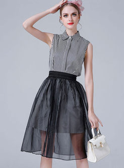 Lapel Striped Shift Dress & Transparent Mesh Skirt