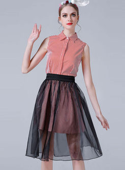 Lapel Striped Shift Dress & Transparent Mesh Skirt