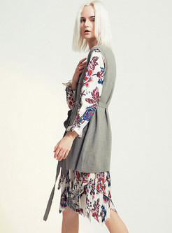 Long Sleeve Print Knit Two-piece Dress With Belt