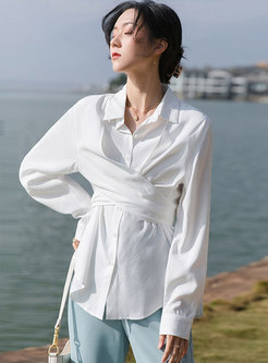 Turn Down Collar Tied Long Sleeve Blouse