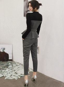 Color-blocked Patchwork Striped Slim Pant Suits